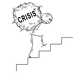 Sticker - Cartoon stick drawing conceptual illustration of man or businessman carrying big piece of rock with text crisis upstairs.