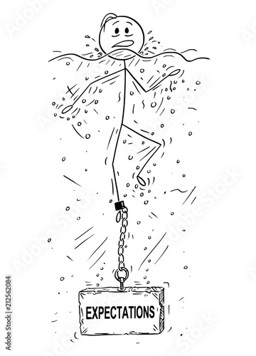 Fotografie, Obraz Cartoon stick drawing conceptual illustration of man or businessman drowning with block of stone or concrete weight with expectations text chained to his leg
