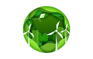 Wall Mural - eco city concept poster in paper art origami style. vector illustration paper cut design. green town