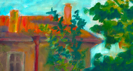 Three houses. Earth section. Original oil painting on canvas poster. Modern impressionism