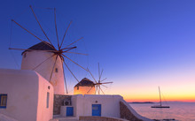 Traditional Greek Windmills On Mykonos Island, Cyclades, Greece