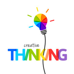 Wall Mural - creative thinking concept with colorful lightbulb. integrated text and lettering made of different c