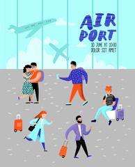 Wall Mural - People Traveling by Plane Poster, Banner, Brochure. Cartoon Characters with Baggage in Airport. Man and Woman with Luggage. Vector illustration