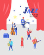 Jazz Concert Poster, Banner. Music Characters, Musical Instruments, Musicians and Singer Artists. Contrabassist, drummer, saxophonist, guitarist. Vector illustration