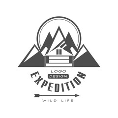 Sticker - Expedition logo design, wild life sign, vintage black and white mountain exploration outdoor adventure symbol vector Illustration on a white background