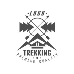 Sticker - Trekking premium quality logo design, vintage black and white mountain exploration outdoor adventure symbol, vector Illustration on a white background