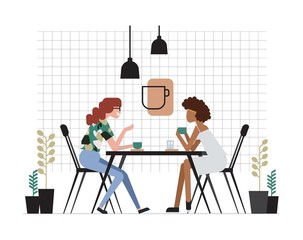 Wall Mural - Two girls or pair of female friends sitting at table, drinking coffee and talking. Friendly meeting and conversation at cafe. Cute cartoon characters. Colorful vector illustration in flat style.