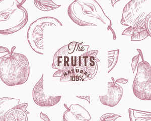 Wall Mural - Hand Drawn Oranges, Lemon, Apple and Pear Vector Background Pattern. Abstract Fruits Sketch Card or Cover Template with Classy Retro Typography and Emblem.