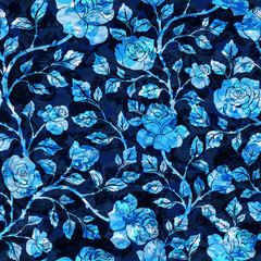 Wall Mural - Floral  seamless  pattern with blue roses on dark background. Vector illustration for fabric, textile, clothes, wallpapers, wrapping.