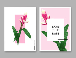 Wedding Invitation Template with Flowers and Palm Leaves. Tropical Floral Save the Date Card. Exotic Flower Romantic Design for Greeting Postcard, Birthday, Anniversary. Vector illustration