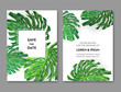 Wedding Invitation Template with Monstera Palm Leaves. Tropical Save the Date Card. Summer Botanical Design for Poster, Greeting Card. Vector illustration