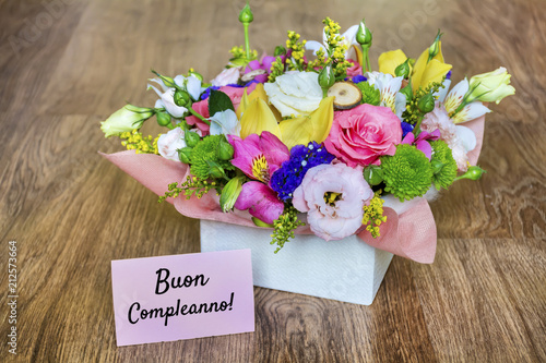Flower Box Of Colorful Roses Freesia And Greenery With Buon Compleanno Text In Italian Which Means Happy Birthday Buy This Stock Photo And Explore Similar Images At Adobe Stock Adobe Stock