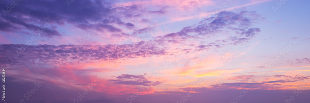 Panoramic view of a pink and purple sky at sunset. Sky panorama background. - obrazy, fototapety, plakaty 