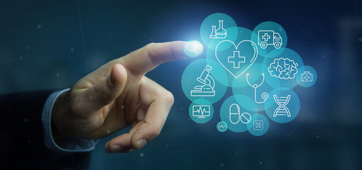 Wall Mural - businessman holding medical icon and connection 3d rendering