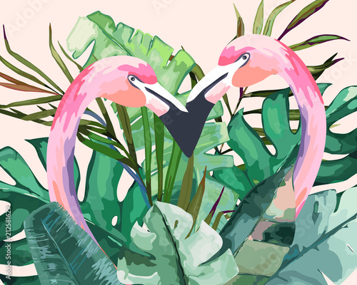 Naklejka ścienna Summer frame with tropical jungle leaves and pink flamingo.Vector aloha illustration. Watercolor style