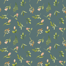 Watercolor Tender Pink Flowers And Leaves Seamless Pattern, Hand Painted On A Deep Blue Background