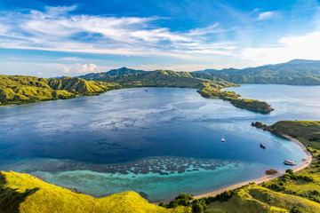 Beautiful View From The Top of Gili Lawa Darat Island in the Evening with Blue Sky and Blue Sea. Komodo National Park, Labuan Bajo, Flores, Indonesia