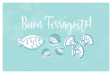 Buon Ferragosto italian summer holiday illustration with seafood doodles