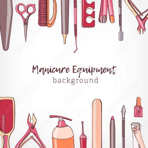 Square Backdrop Decorated With Border Consisted Of Manicure And Square Backdrop Decorated With Border Consisted Of Manicure And Pedicure Equipment Or Tools For Nail Care