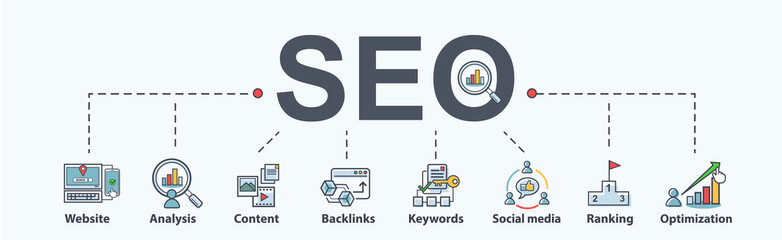 SEO search engine optimization banner web icon for business and marketing, traffic, ranking, optimization, link and keyword. Minimal vector infographic.