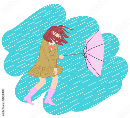 台風で壊れた傘を持つ女子高生 Stock イラスト Adobe Stock