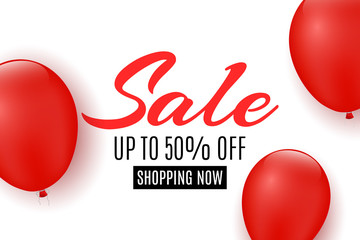 Wall Mural - Background for sale. Red balloons on a white background with text. Big discounts. For your business project. Web banner. Vector illustration