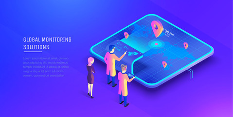 Global monitoring system. People at the control desk interact with global monitoring systems. Virtual world map. Modern vector illustration isometric style.