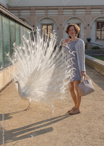 Happy Female Tourist Next To A White Peacock Prague Europe Buy This Stock Photo And Explore Similar Images At Adobe Stock Adobe Stock