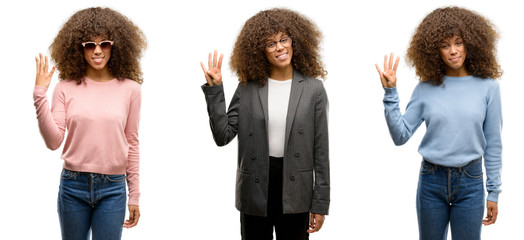 Sticker - African american young woman wearing different outfits showing and pointing up with fingers number four while smiling confident and happy.