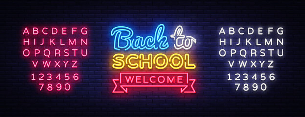 Wall Mural - Back to School Welcome greeting card design template neon vector. Modern trend design, the beginning of the school year neon sign. Back to School invitation poster. Vector. Editing text neon sign