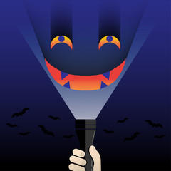 flashlight shine face monster ghost eye in blue background halloween day