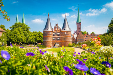 Historic town of Lübeck with famous Holstentor gate in summer, Schleswig-Holstein, northern Germany