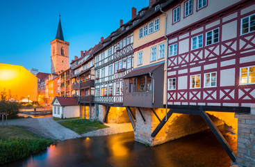 Wall Mural - Historic city center of Erfurt with Krämerbrücke bridge illuminated at twilight, Thüringen, Germany