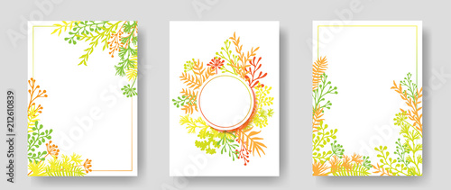 Vector invitation cards with herbal twigs and branches wreath and corners bor...