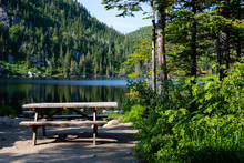 A Bench Near A Lake In The Grands-Jardins National Park In The Charlevoix Region In Canada.