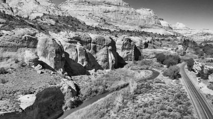 Canvas Print - Road and mountains of Zion National Park, aerial view