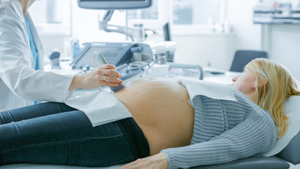 Wall Mural - In the Hospital, Pregnant Woman Getting Sonogram / Ultrasound Screening / Scan, Obstetrician Checks Picture of the Healthy Baby on the Computer Screen. Doctor Talks with Happy Future Mother.