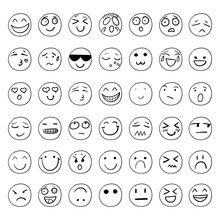 Vector Hand Drawn Smiley Faces Set, Black Outline Drawings Isolated.