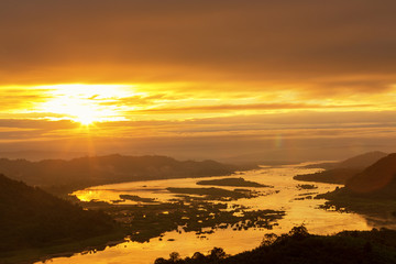 Mekong river sunrise golden hour beautiful landscapes between Laos-Thai the best river landmark of Asia.