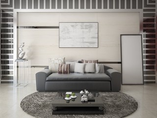 Mock up a stylish living room with a fashionable comfortable sofa and modern interier.