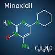MinMinoxidil molecule. Structural chemical formula and molecule model on the dark blue background