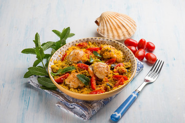 Canvas Print - couscous with scallop eggplant and tomatoes