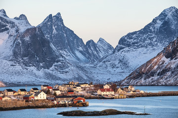 Wall Mural - houses in the lofoten islands bay. natural landscape during sunrise