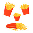 French fries. Small, medium and large servings. Big box of fries lying on a side.