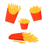 Fototapeta Sypialnia - French fries. Small, medium and large servings. Big box of fries lying on a side.