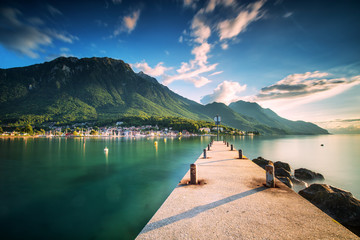 Wall Mural - Sunset at Port Valais town with Swiss Alps near Montreux, Switzerland, Europe