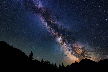 Wall Mural - astrophotography of milky way galaxy. silhouette of mountains. stars, nebula and stardust at night s