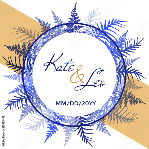 Wedding invitation card template, vector fern frond frame circle design with ...