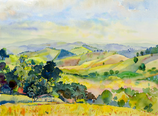watercolor landscape painting of mountain range with cottage.