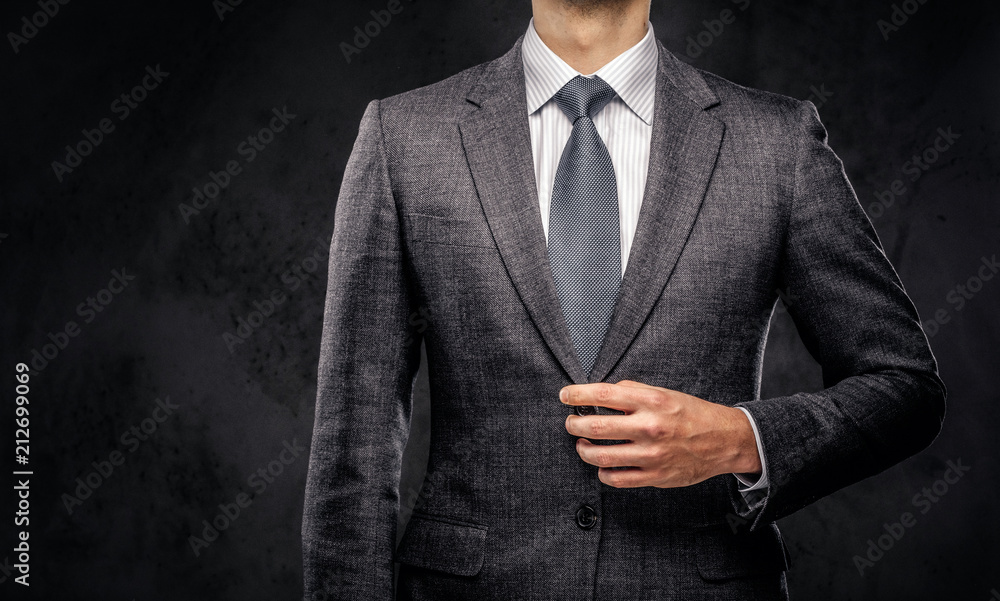 Cropped portrait of a successful businessman dressed in an elegant formal suit. - obrazy, fototapety, plakaty 